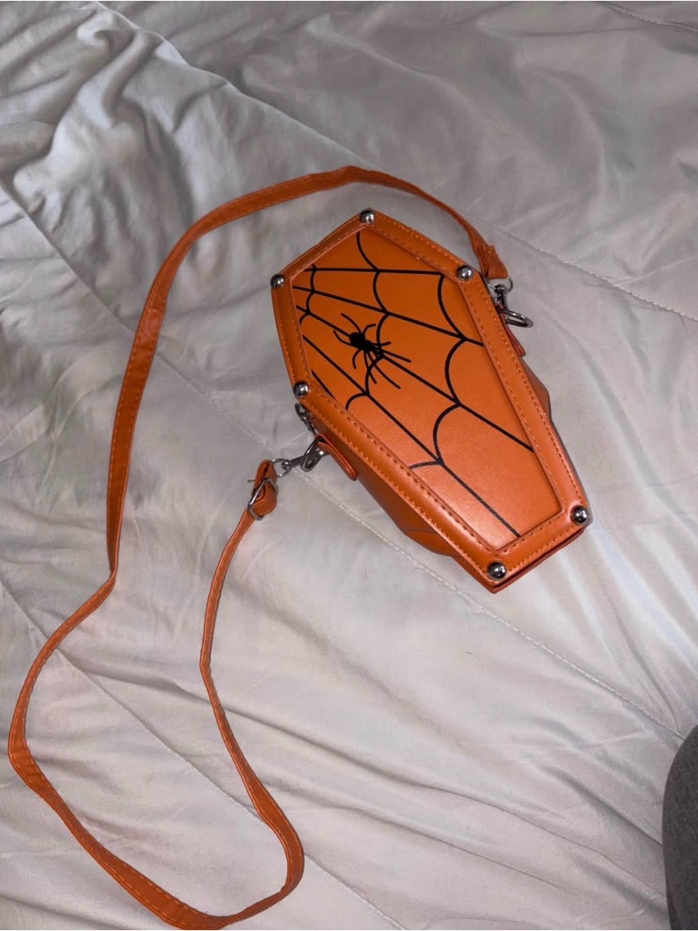 Orange Coffin Crossbody Bag with Spider Web Detail